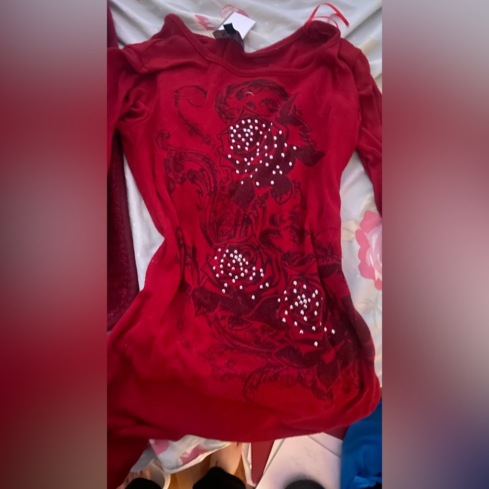 Red Floral Embellished Top Y2K GRUNGE ROCKSTAR AESTHETIQUE